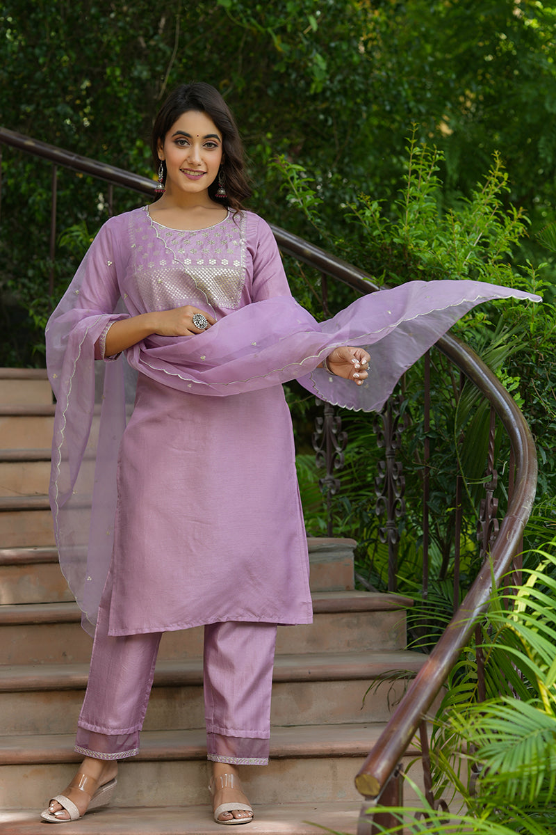 Mauve-Poly-Silk-Solid-Sequin-Straight-Suit-Set