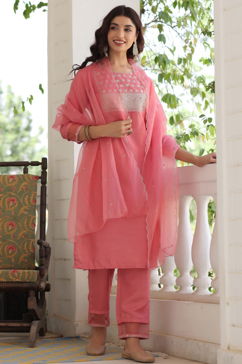 Pink-Poly-Silk-Solid-Sequin-Straight-3-Piece-Kurta-Set