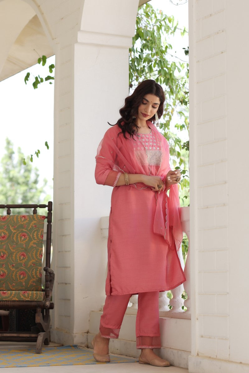 Pink-Poly-Silk-Solid-Sequin-Straight-3-Piece-Kurta-Set