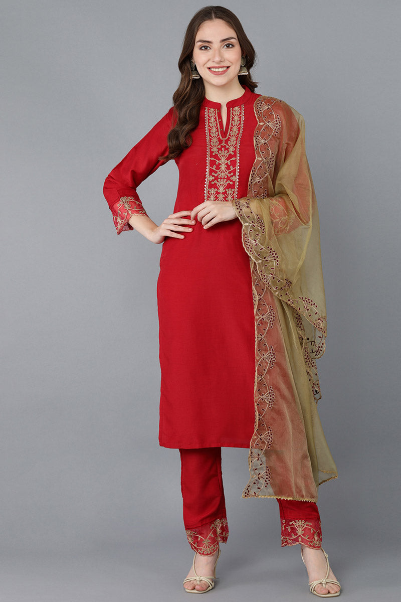 Red-Poly-Silk-Solid-Embroidered-Straight-3-Piece-Kurta-Set