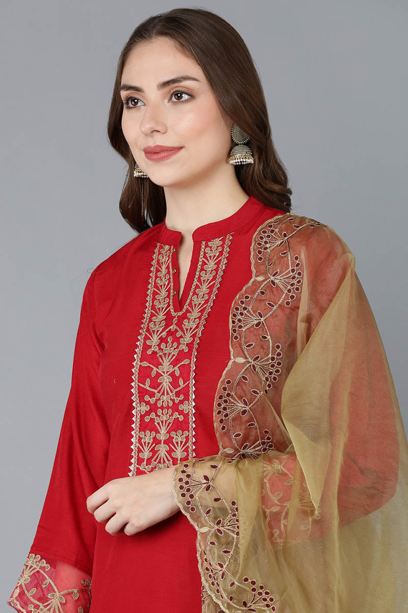 Red-Poly-Silk-Solid-Embroidered-Straight-3-Piece-Kurta-Set