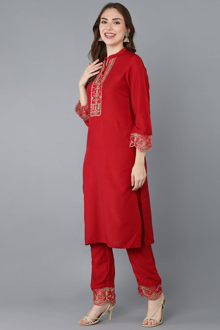 Red-Poly-Silk-Solid-Embroidered-Straight-3-Piece-Kurta-Set