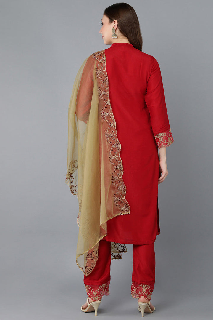 Red-Poly-Silk-Solid-Embroidered-Straight-3-Piece-Kurta-Set