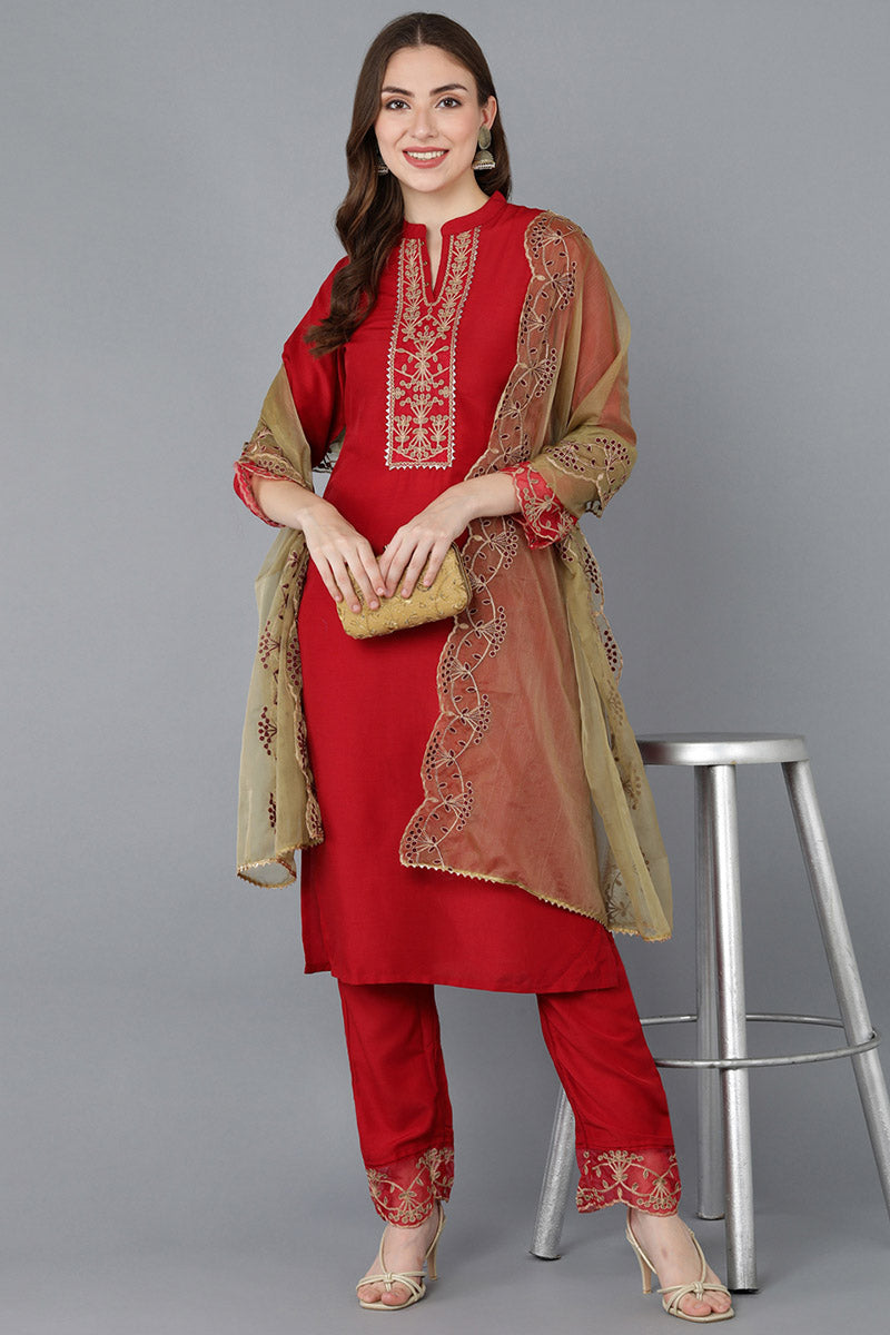 Red-Poly-Silk-Solid-Embroidered-Straight-3-Piece-Kurta-Set