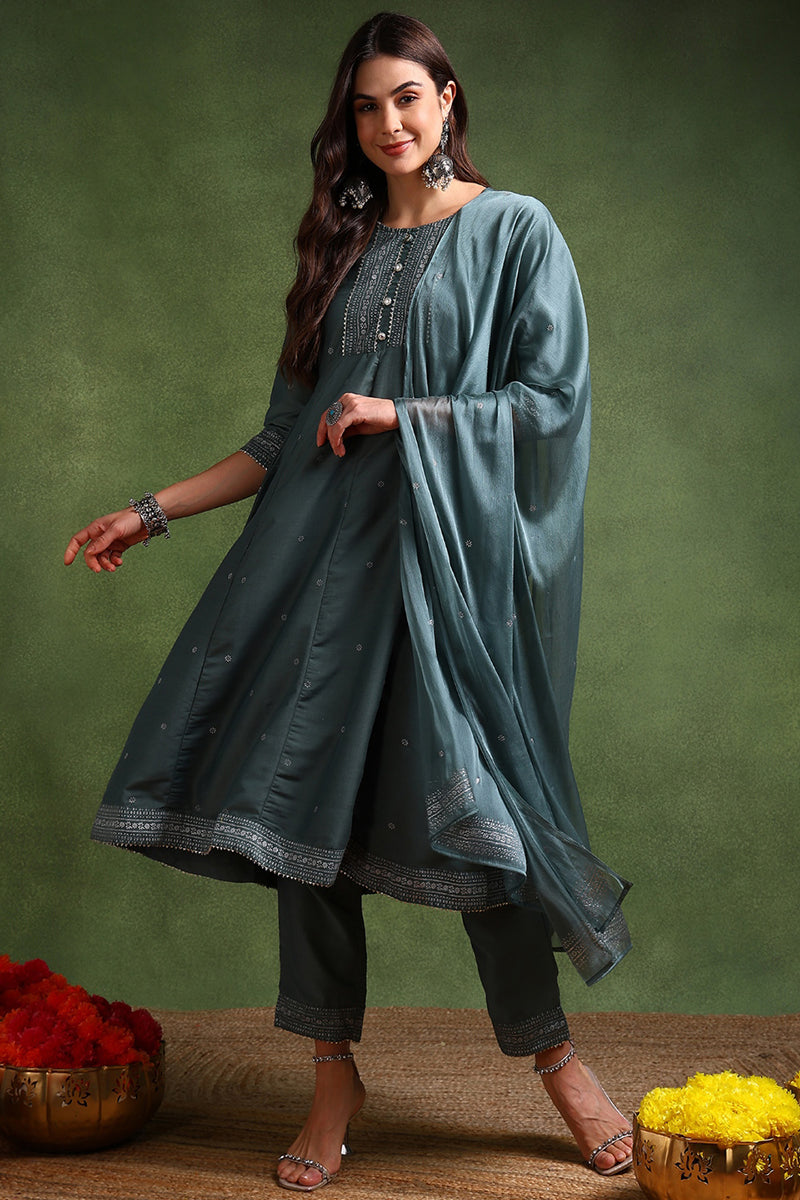 Teal-Poly-Silk-Anarkali-Suit-Set