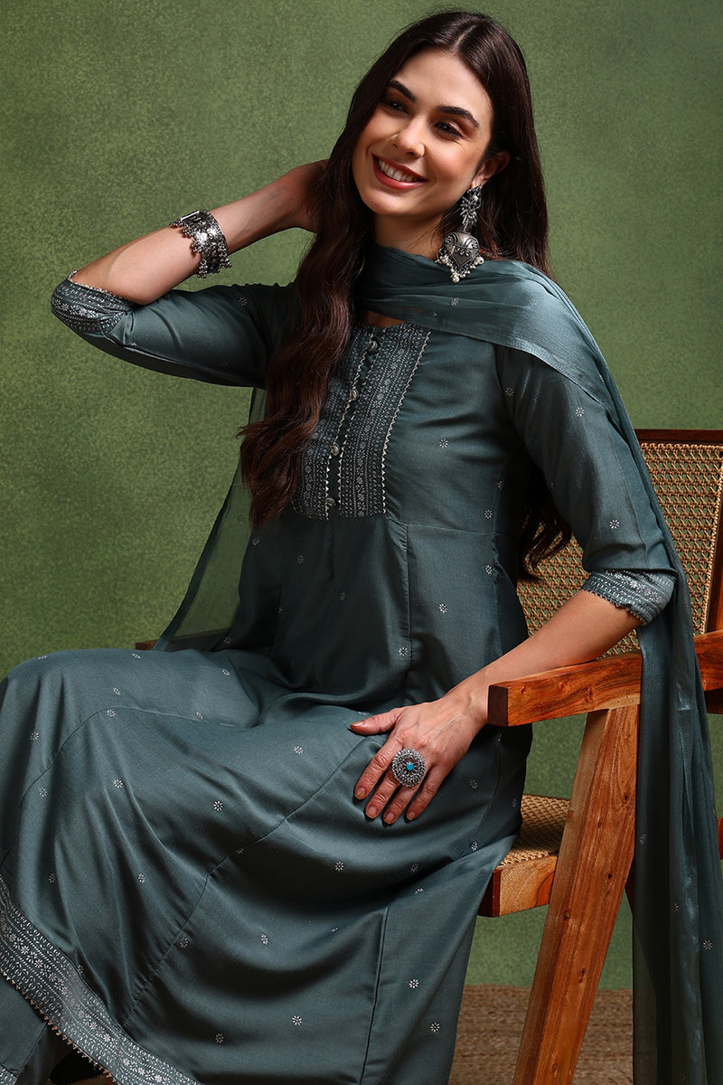 Teal-Poly-Silk-Anarkali-Suit-Set