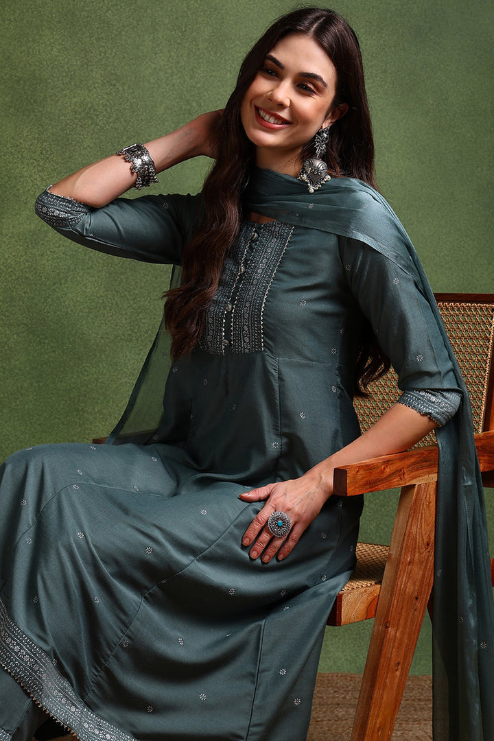 Teal-Poly-Silk-Anarkali-Suit-Set