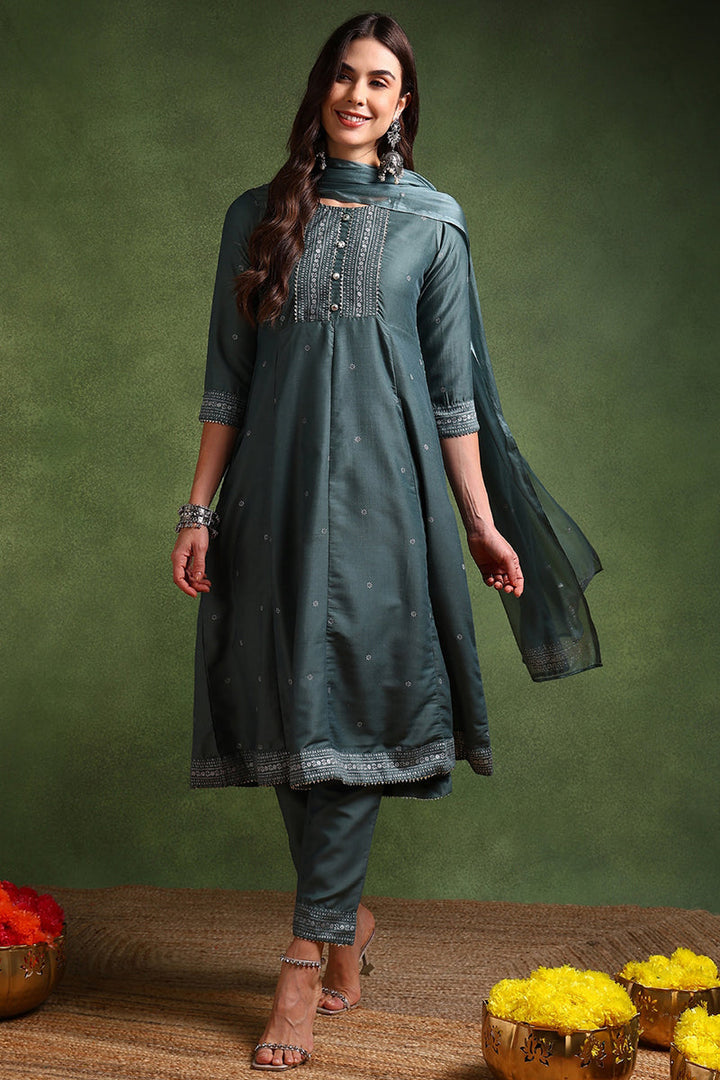 Teal-Poly-Silk-Anarkali-Suit-Set