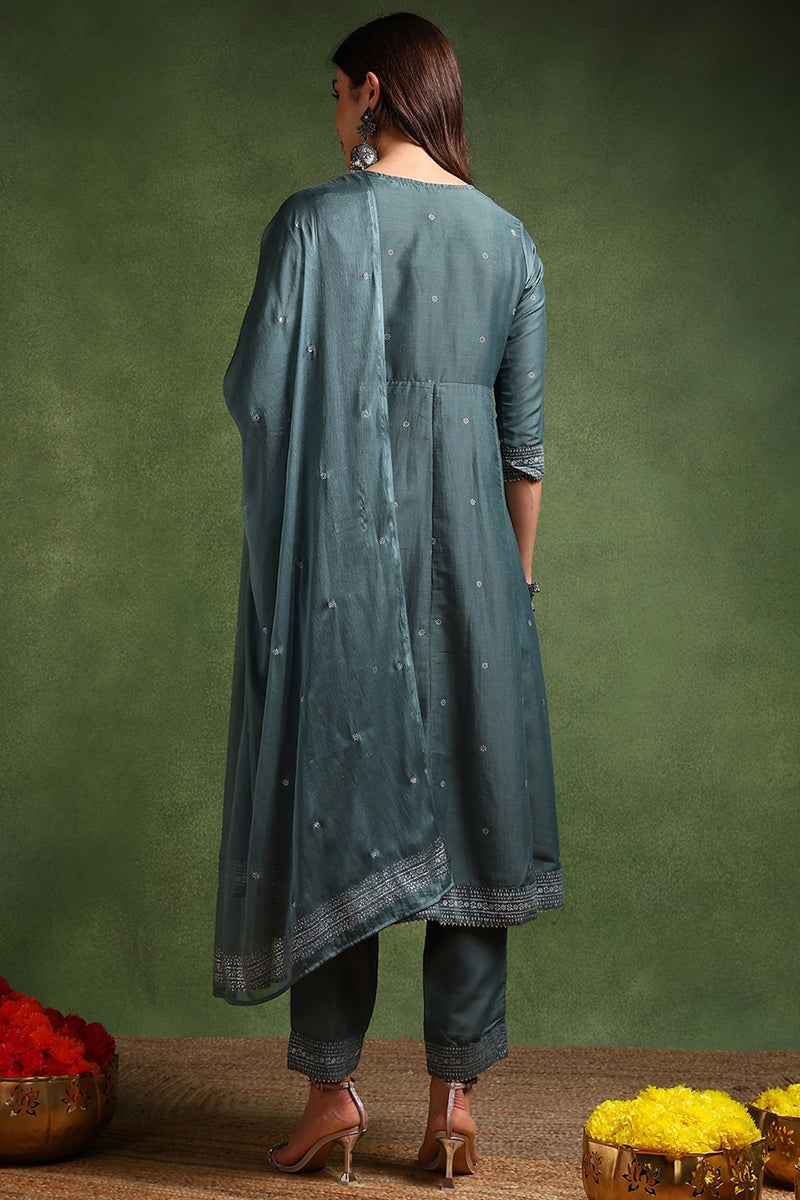 Teal-Poly-Silk-Anarkali-Suit-Set