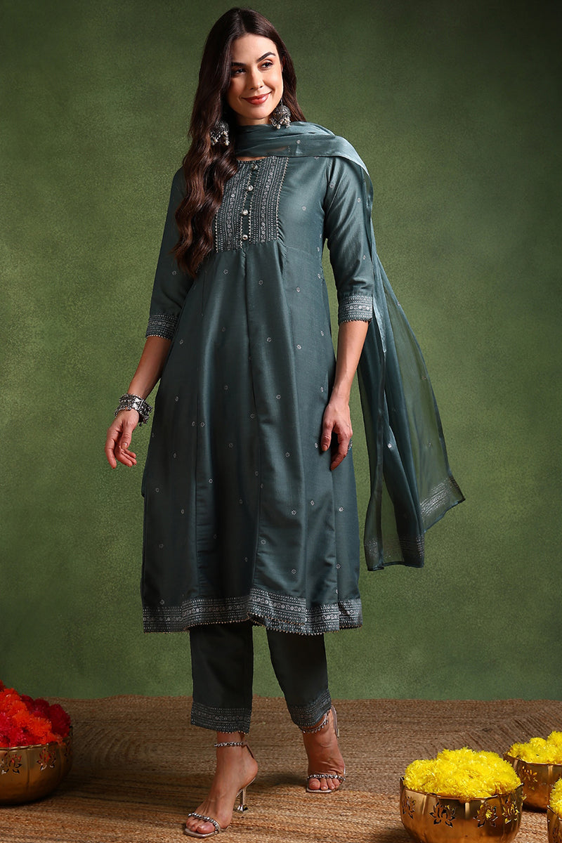 Teal-Poly-Silk-Anarkali-Suit-Set