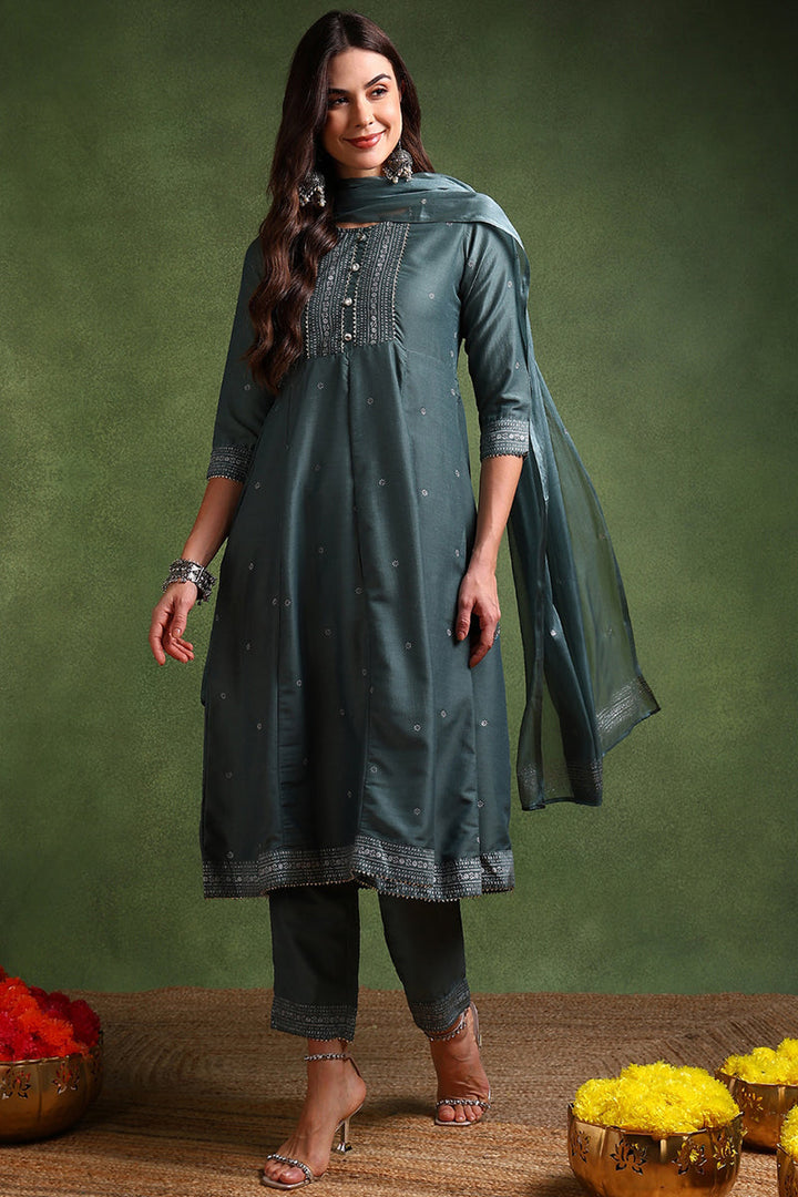 Teal-Poly-Silk-Anarkali-Suit-Set