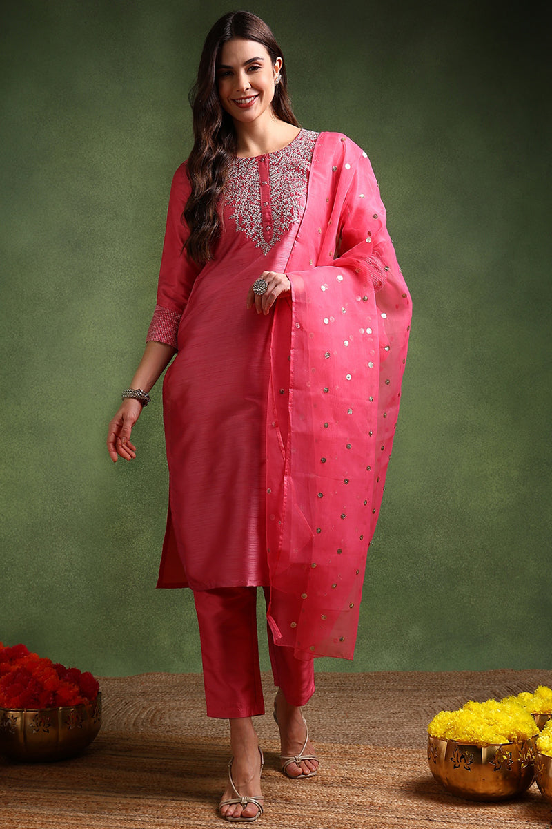Pink-Poly-Silk-Solid-Yoke-Design-3-Piece-Kurta-Set