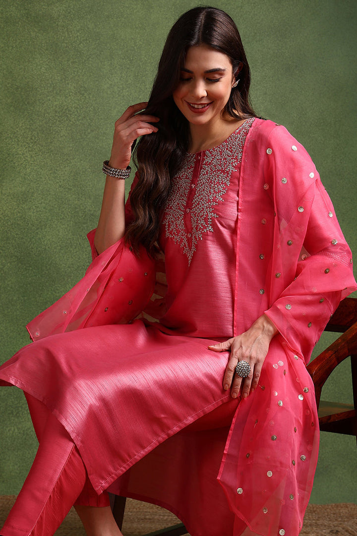 Pink-Poly-Silk-Solid-Yoke-Design-3-Piece-Kurta-Set