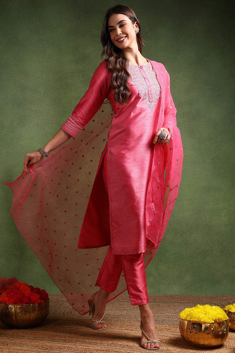 Pink-Poly-Silk-Solid-Yoke-Design-3-Piece-Kurta-Set