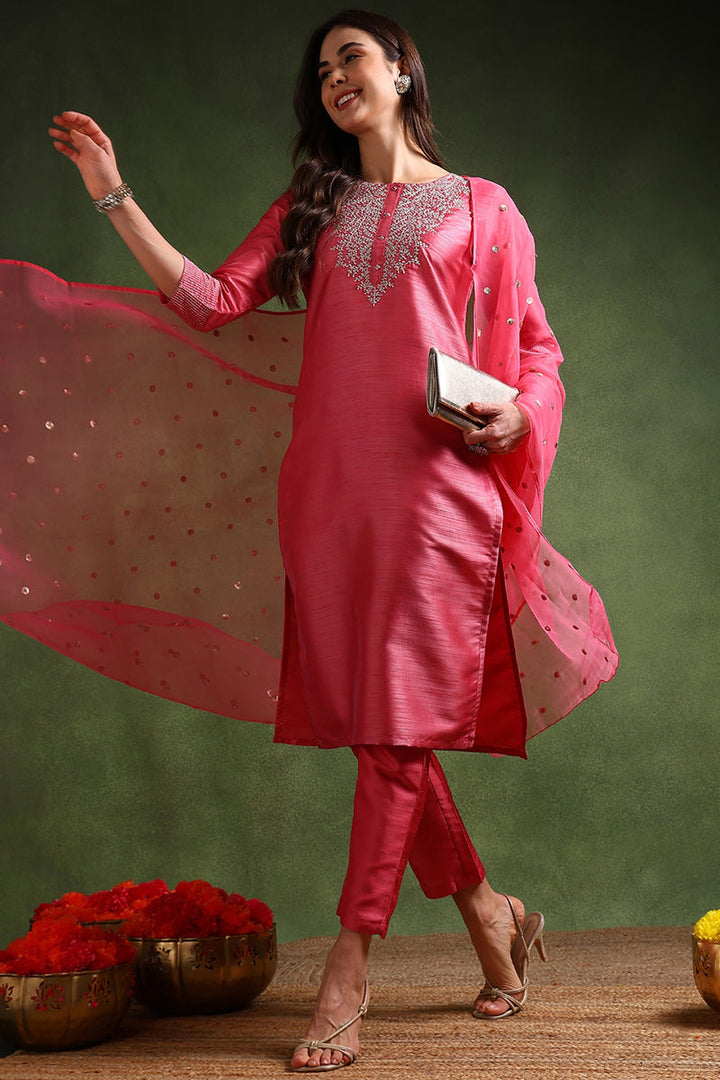 Pink-Poly-Silk-Solid-Yoke-Design-3-Piece-Kurta-Set