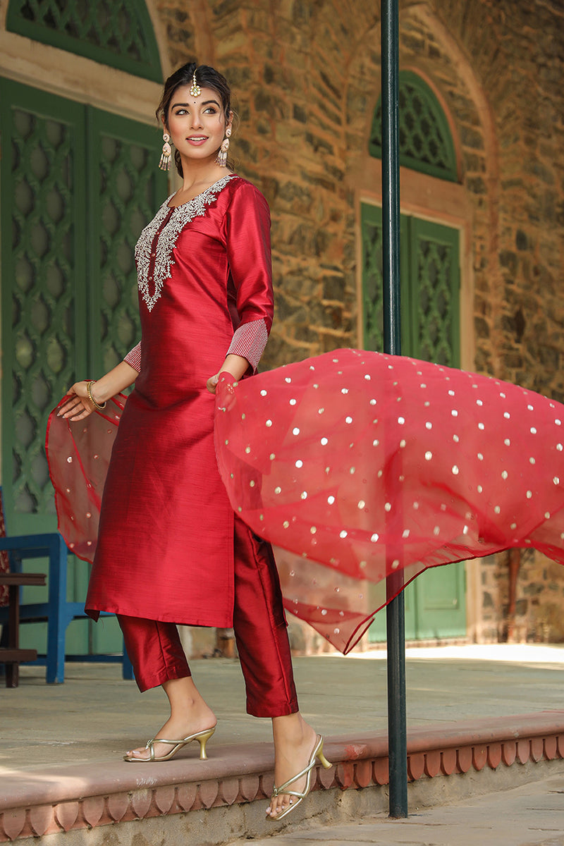 Maroon-Poly-Silk-Solid-Yoke-Design-3-Piece-Kurta-Set