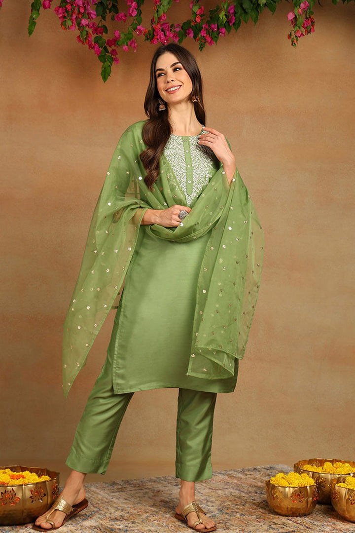 Green-Poly-Silk-Solid-Yoke-Design-3-Piece-Kurta-Set