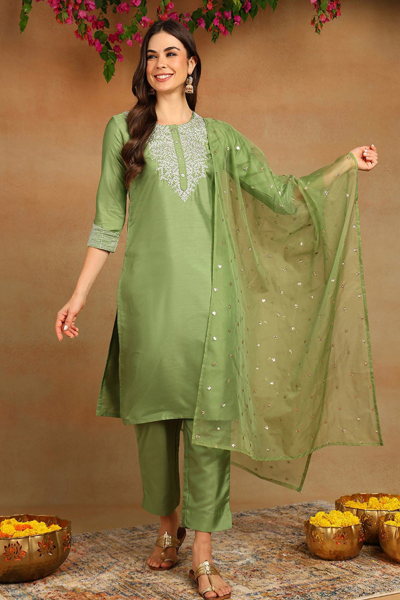 Green-Poly-Silk-Solid-Yoke-Design-3-Piece-Kurta-Set