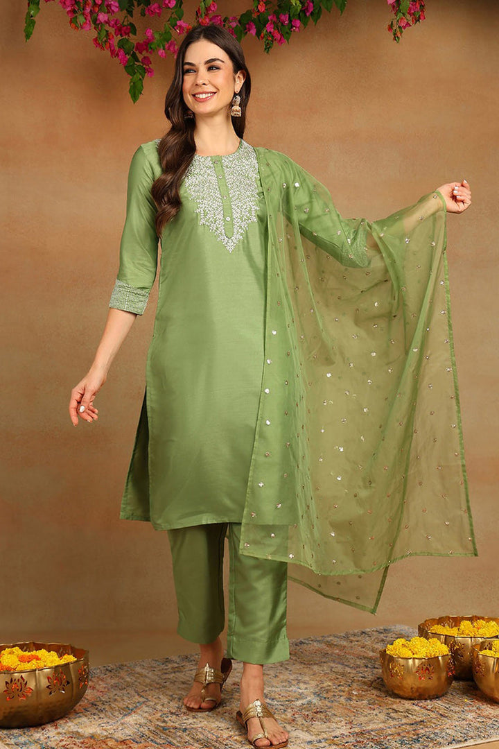 Green-Poly-Silk-Solid-Yoke-Design-3-Piece-Kurta-Set