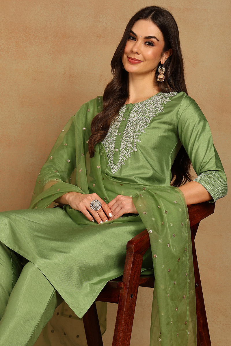 Green-Poly-Silk-Solid-Yoke-Design-3-Piece-Kurta-Set