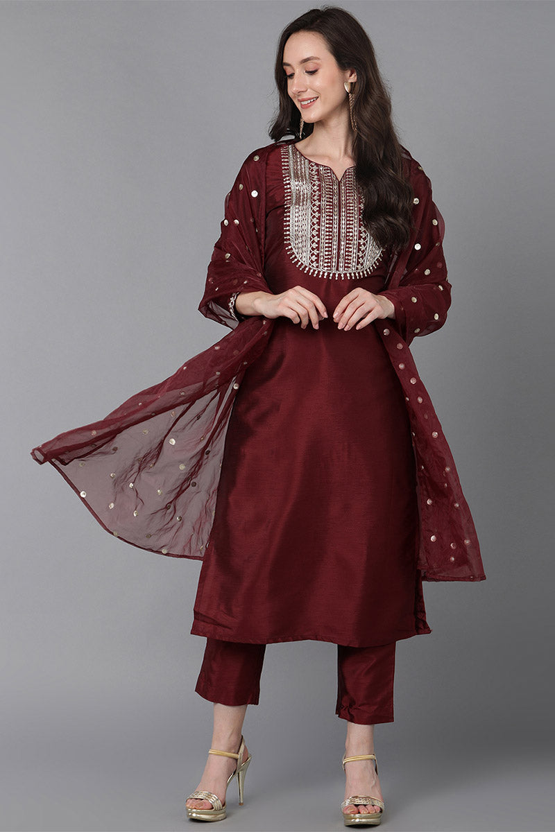 Maroon-Poly-Silk-Solid-Yoke-Design-3-Piece-Kurta-Set