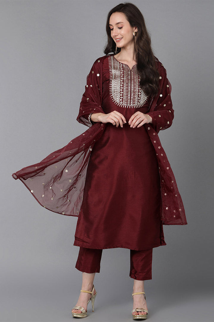 Maroon-Poly-Silk-Solid-Yoke-Design-3-Piece-Kurta-Set