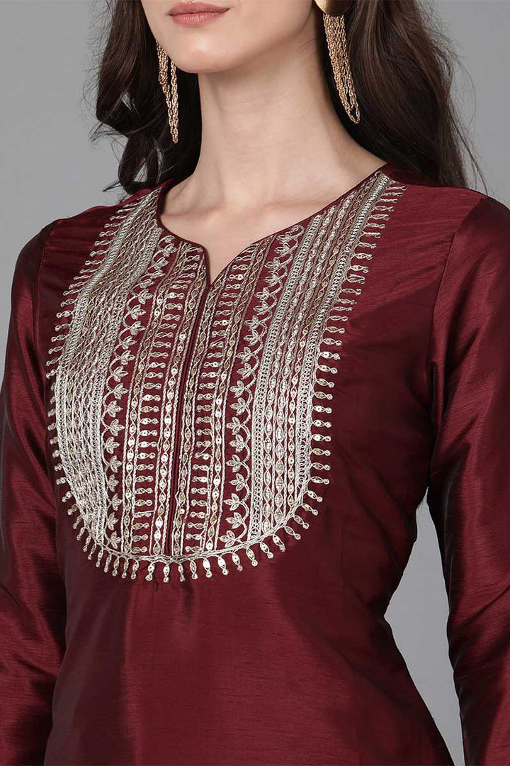 Maroon-Poly-Silk-Solid-Yoke-Design-3-Piece-Kurta-Set
