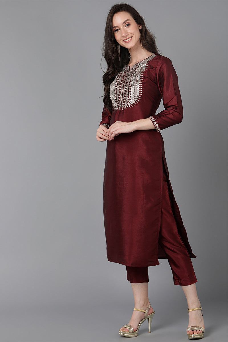 Maroon-Poly-Silk-Solid-Yoke-Design-3-Piece-Kurta-Set