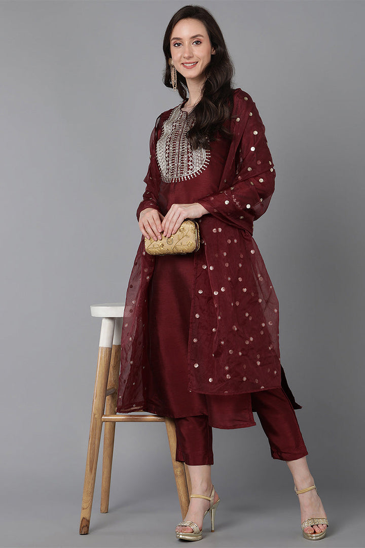 Maroon-Poly-Silk-Solid-Yoke-Design-3-Piece-Kurta-Set