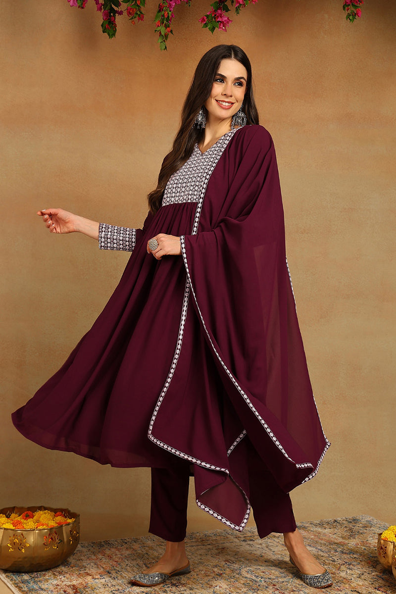 Burgundy-Poly-Georgette-Yoke-Design-Suit-Set