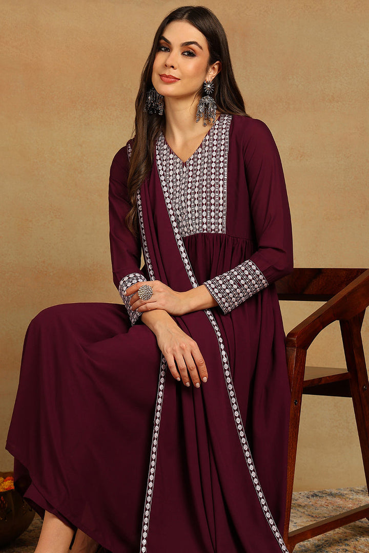 Burgundy-Poly-Georgette-Yoke-Design-Suit-Set
