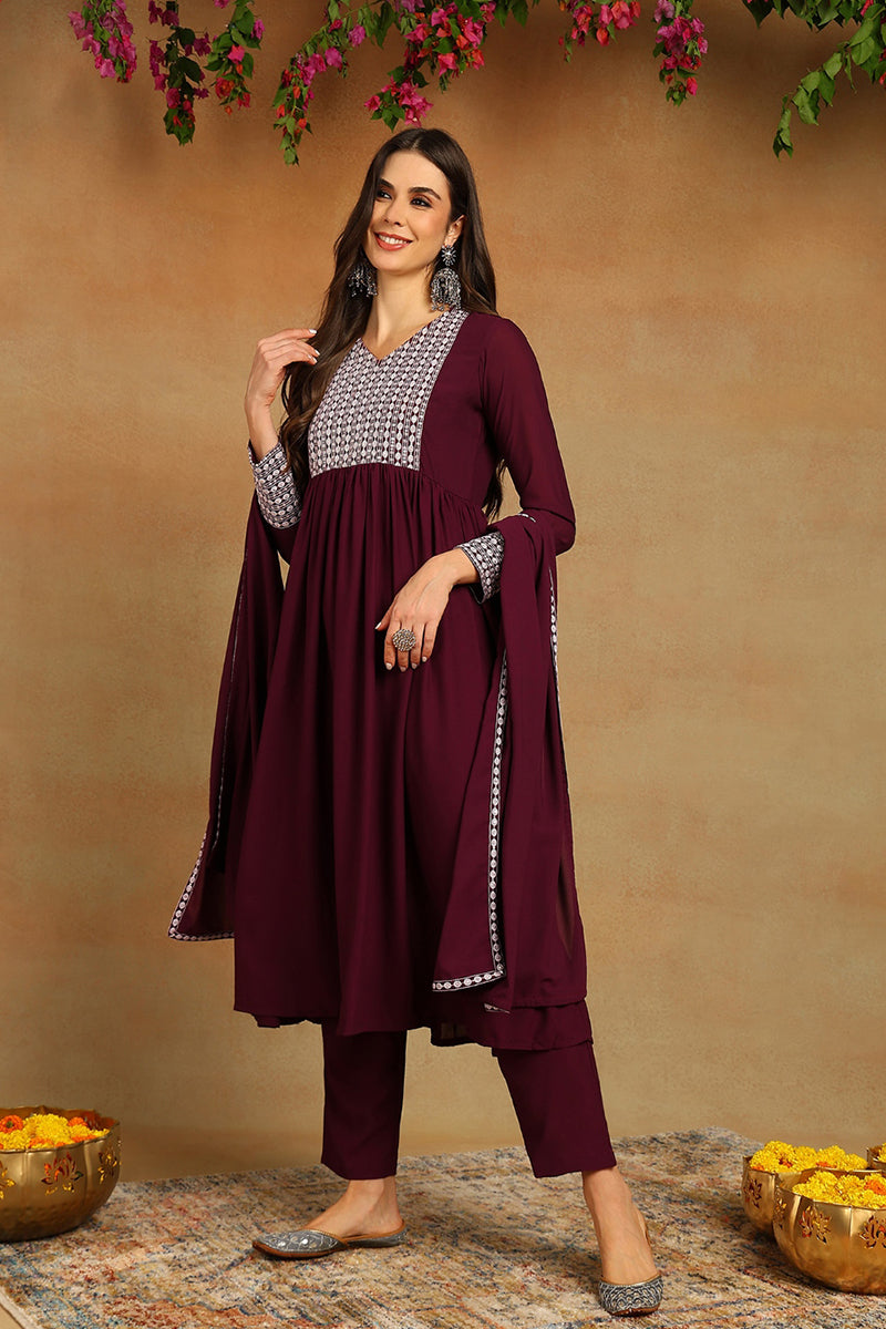 Burgundy-Poly-Georgette-Yoke-Design-Suit-Set
