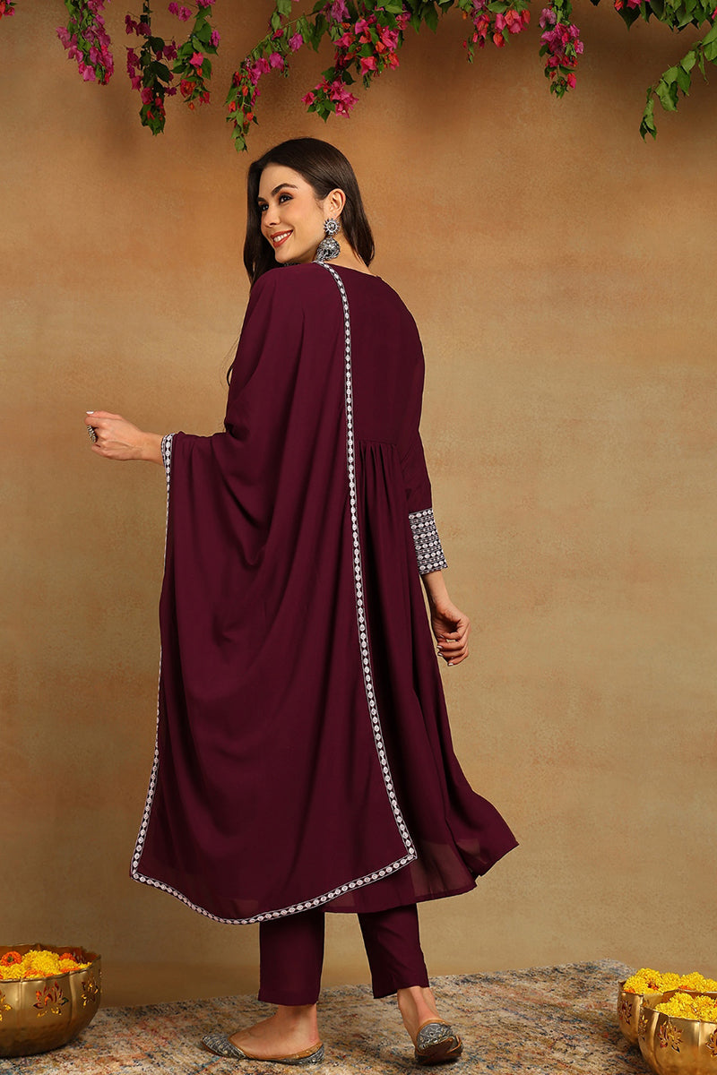 Burgundy-Poly-Georgette-Yoke-Design-Suit-Set