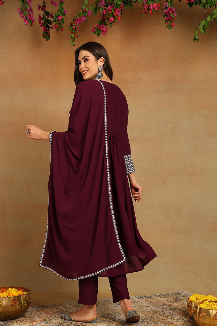 Burgundy-Poly-Georgette-Yoke-Design-Suit-Set