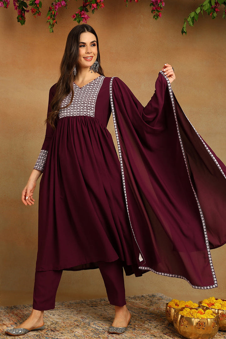 Burgundy-Poly-Georgette-Yoke-Design-Suit-Set