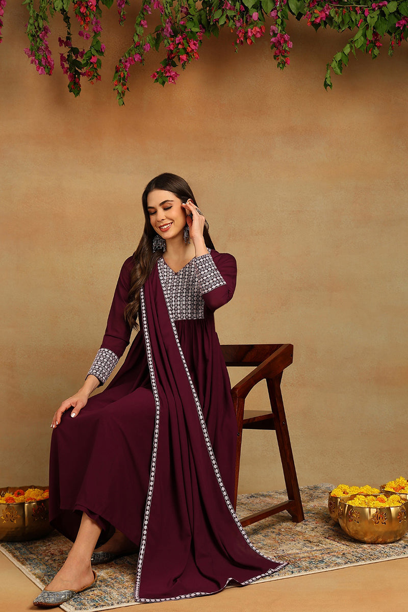 Burgundy-Poly-Georgette-Yoke-Design-Suit-Set