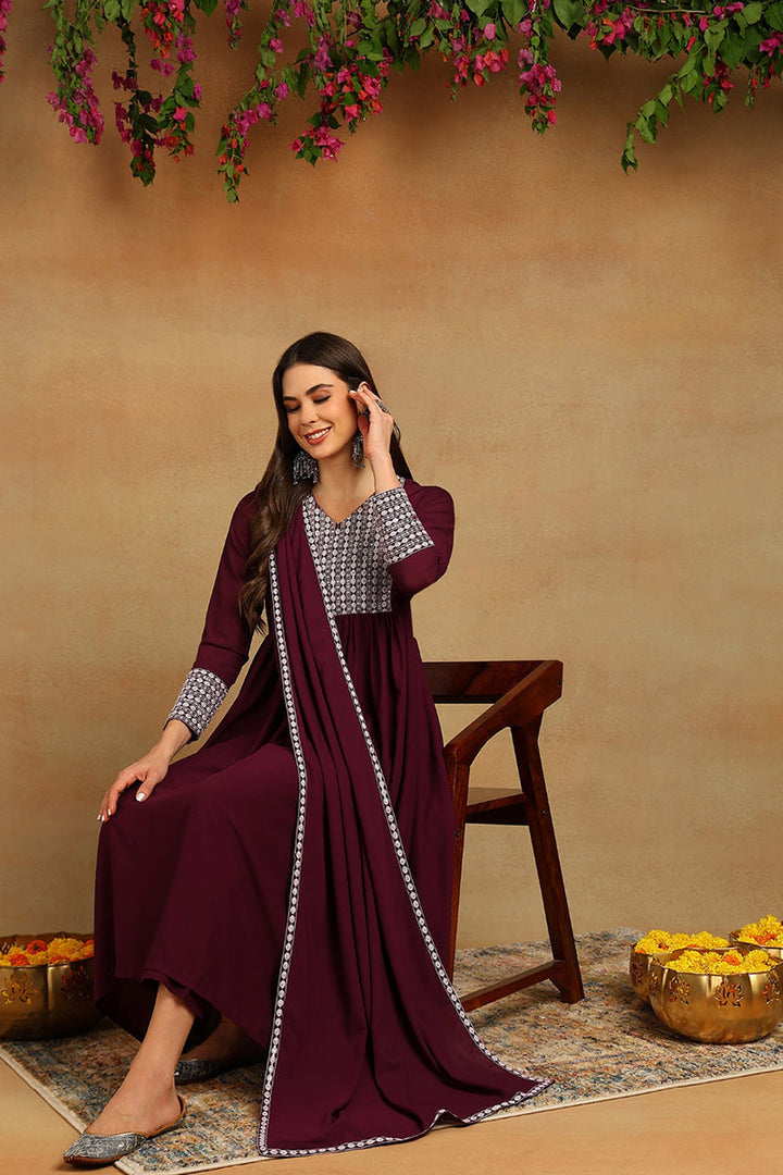 Burgundy-Poly-Georgette-Yoke-Design-Suit-Set