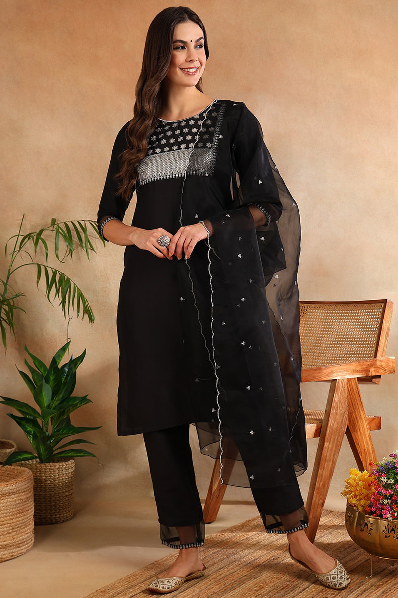 Black-Poly-Silk-Straight-Suit-Set