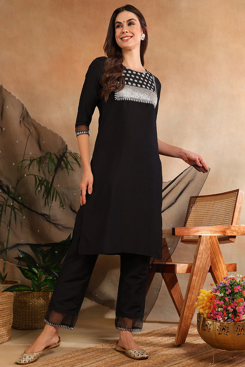 Black-Poly-Silk-Straight-Suit-Set