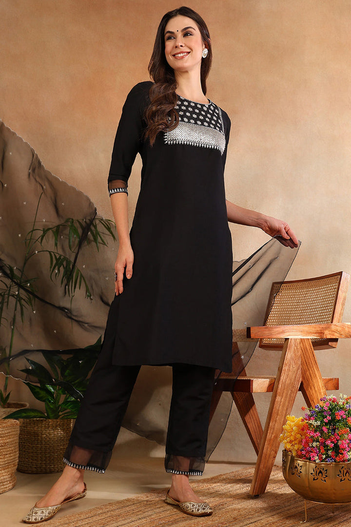 Black-Poly-Silk-Straight-Suit-Set