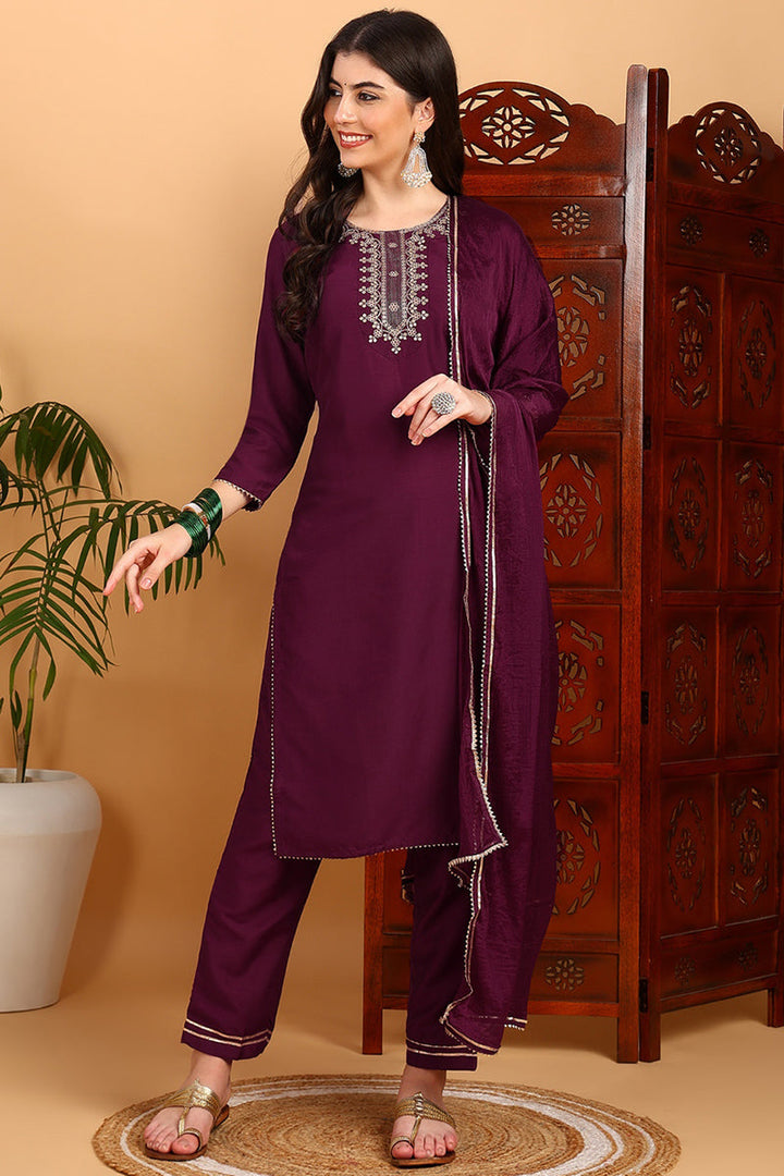 Burgundy-Silk-Blend-Embroidered-Straight-3-Piece-Kurta-Set
