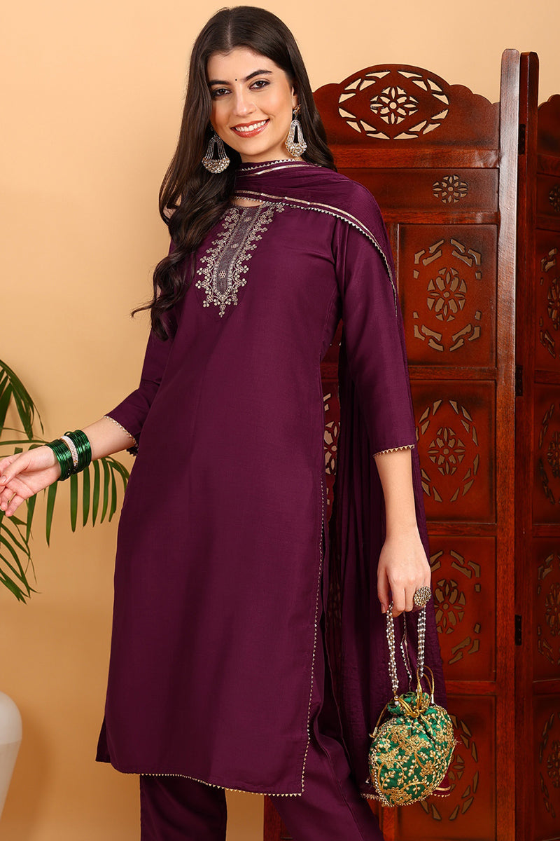 Burgundy-Silk-Blend-Embroidered-Straight-3-Piece-Kurta-Set