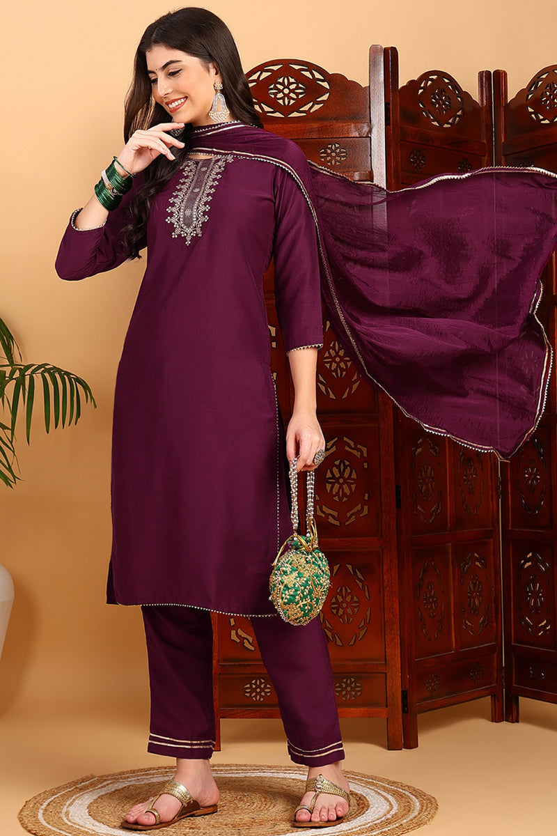 Burgundy-Silk-Blend-Embroidered-Straight-3-Piece-Kurta-Set