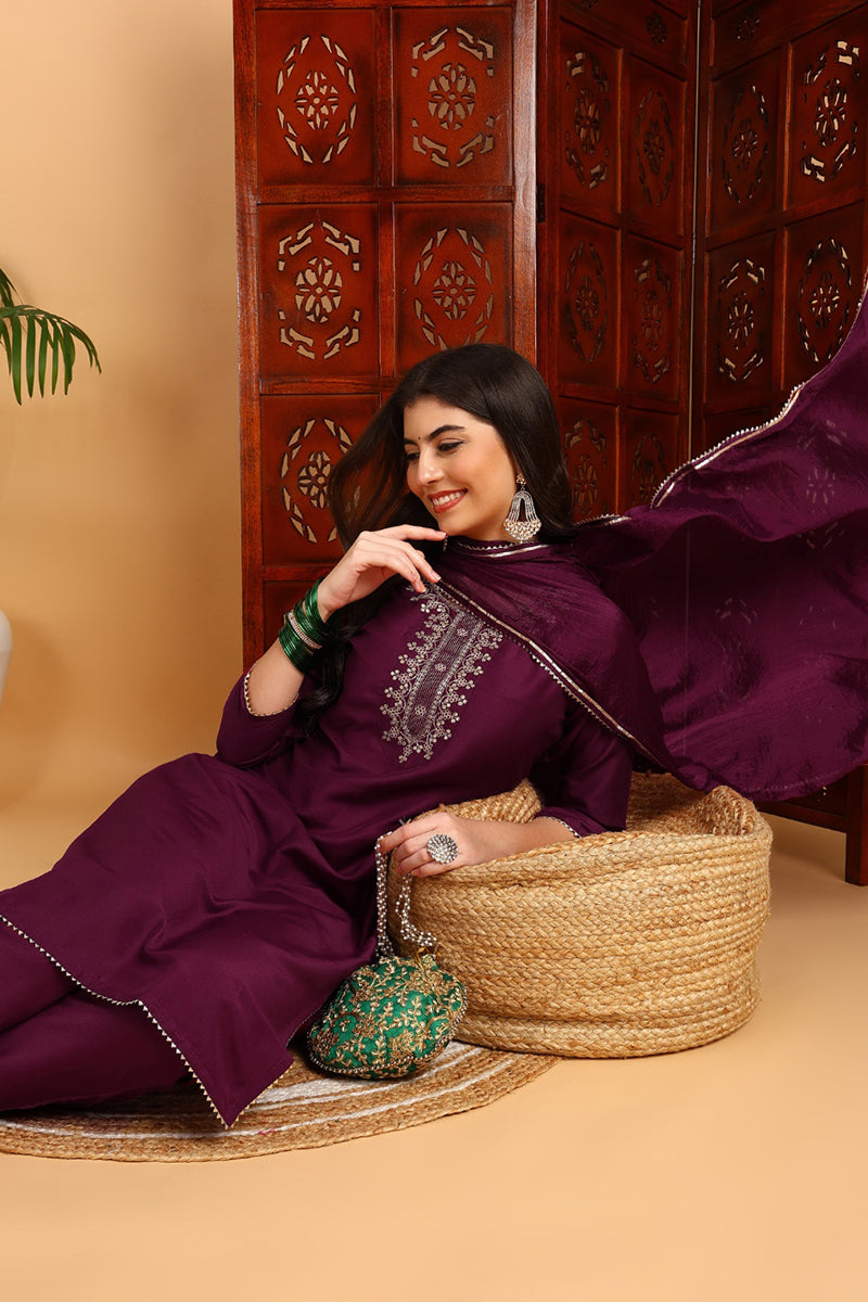 Burgundy-Silk-Blend-Embroidered-Straight-3-Piece-Kurta-Set