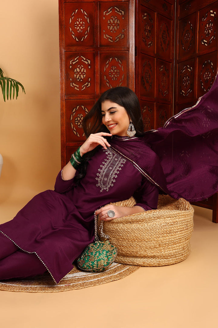 Burgundy-Silk-Blend-Embroidered-Straight-3-Piece-Kurta-Set