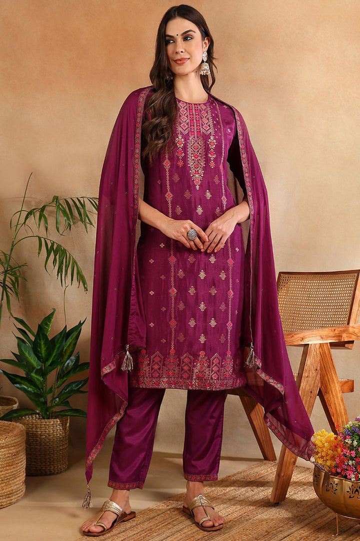 Poly-Silk-Maroon-Embroidered-Straight-Suit-Set