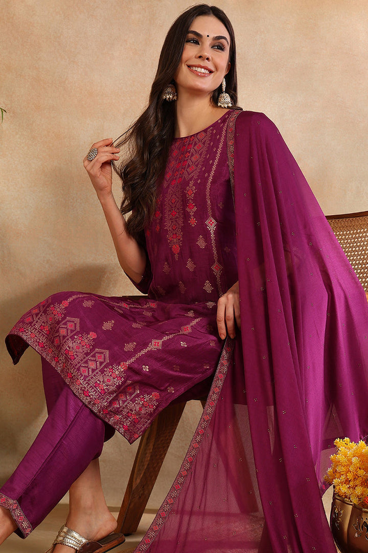 Poly-Silk-Maroon-Embroidered-Straight-Suit-Set