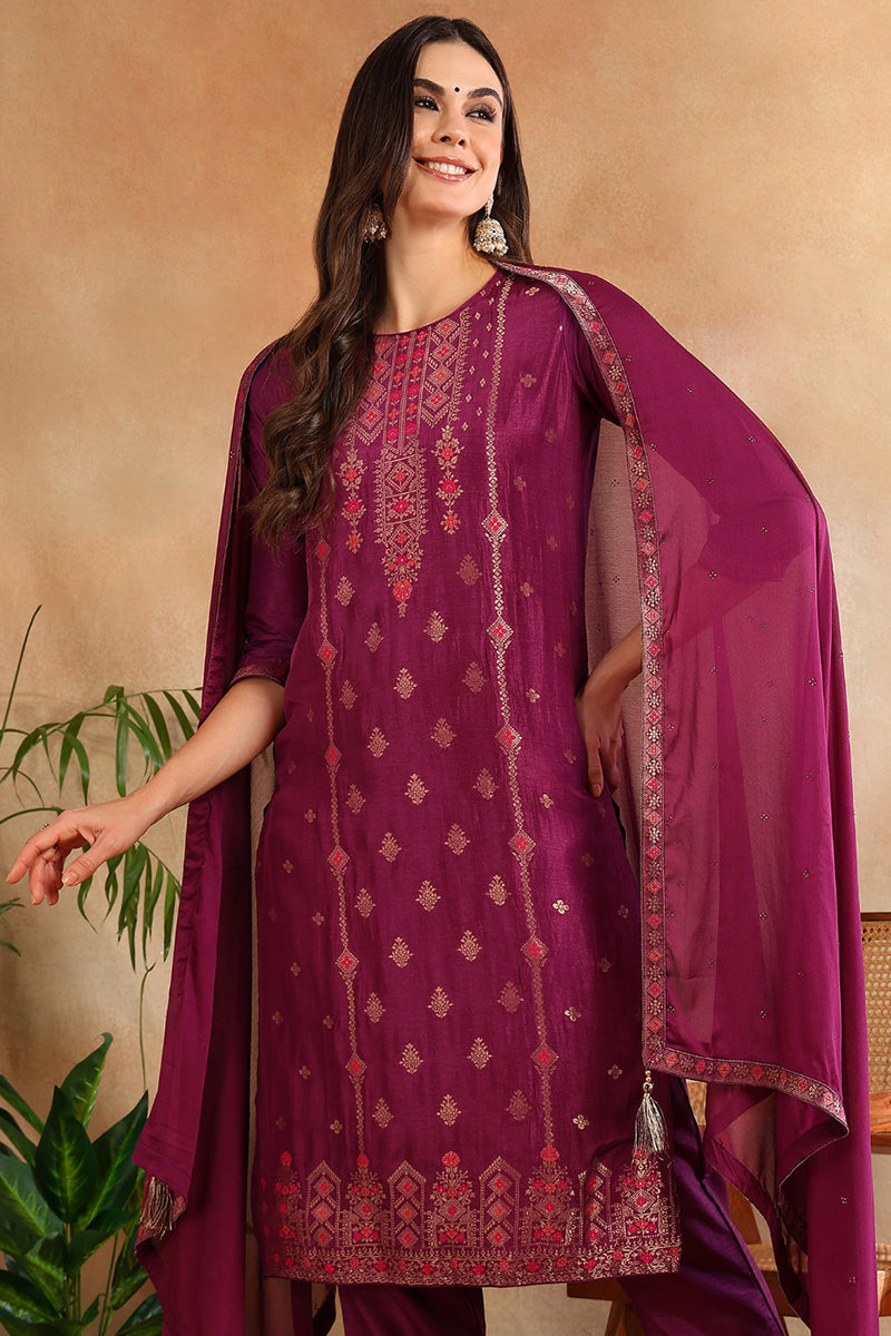 Poly-Silk-Maroon-Embroidered-Straight-Suit-Set