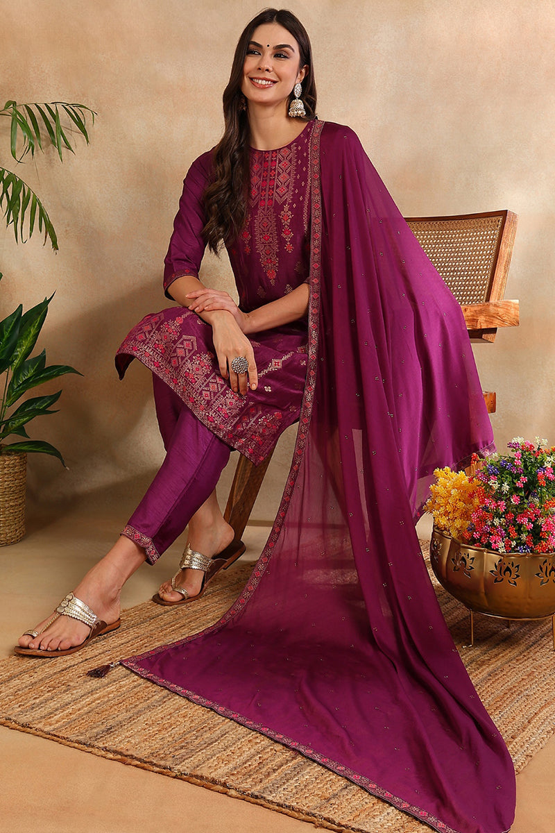 Poly-Silk-Maroon-Embroidered-Straight-Suit-Set