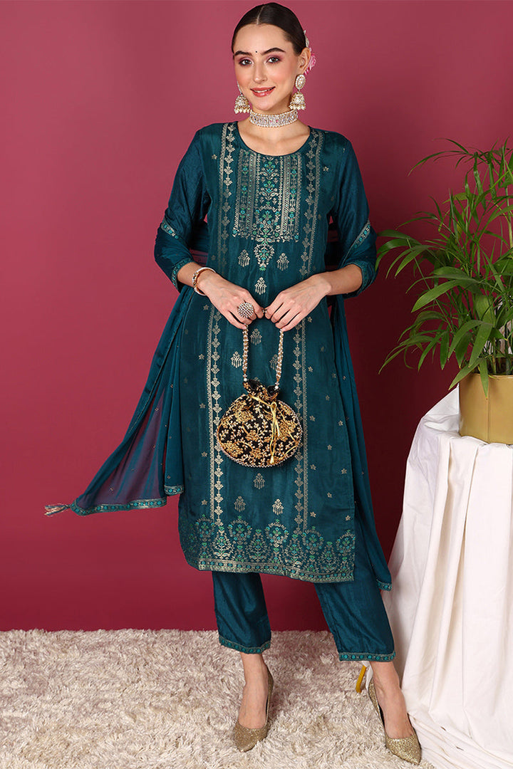 Teal-Silk-Blend-Ethnic-Motifs-Woven-Design-3-Piece-Kurta-Set